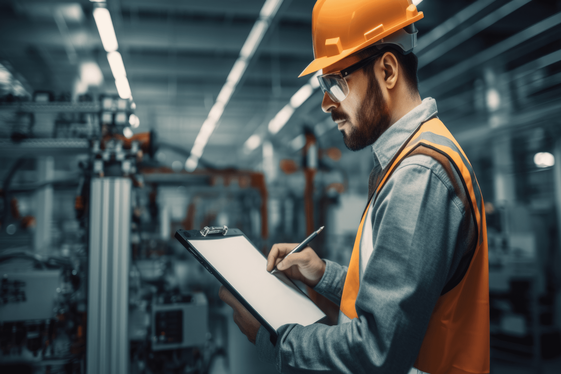 Hispanic engineer male writing checklist with serious looking, standing inside the smart factory with robotic arm and blur background.<br />
